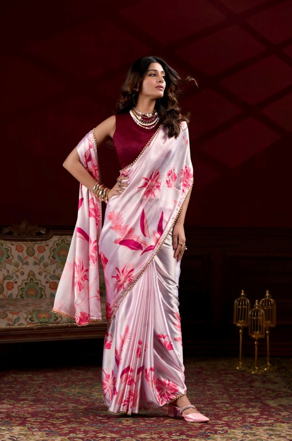 Vastranavya Baby Pink Satin Silk Floral Printed with Pearl Lace Saree with Unstitched Blouse