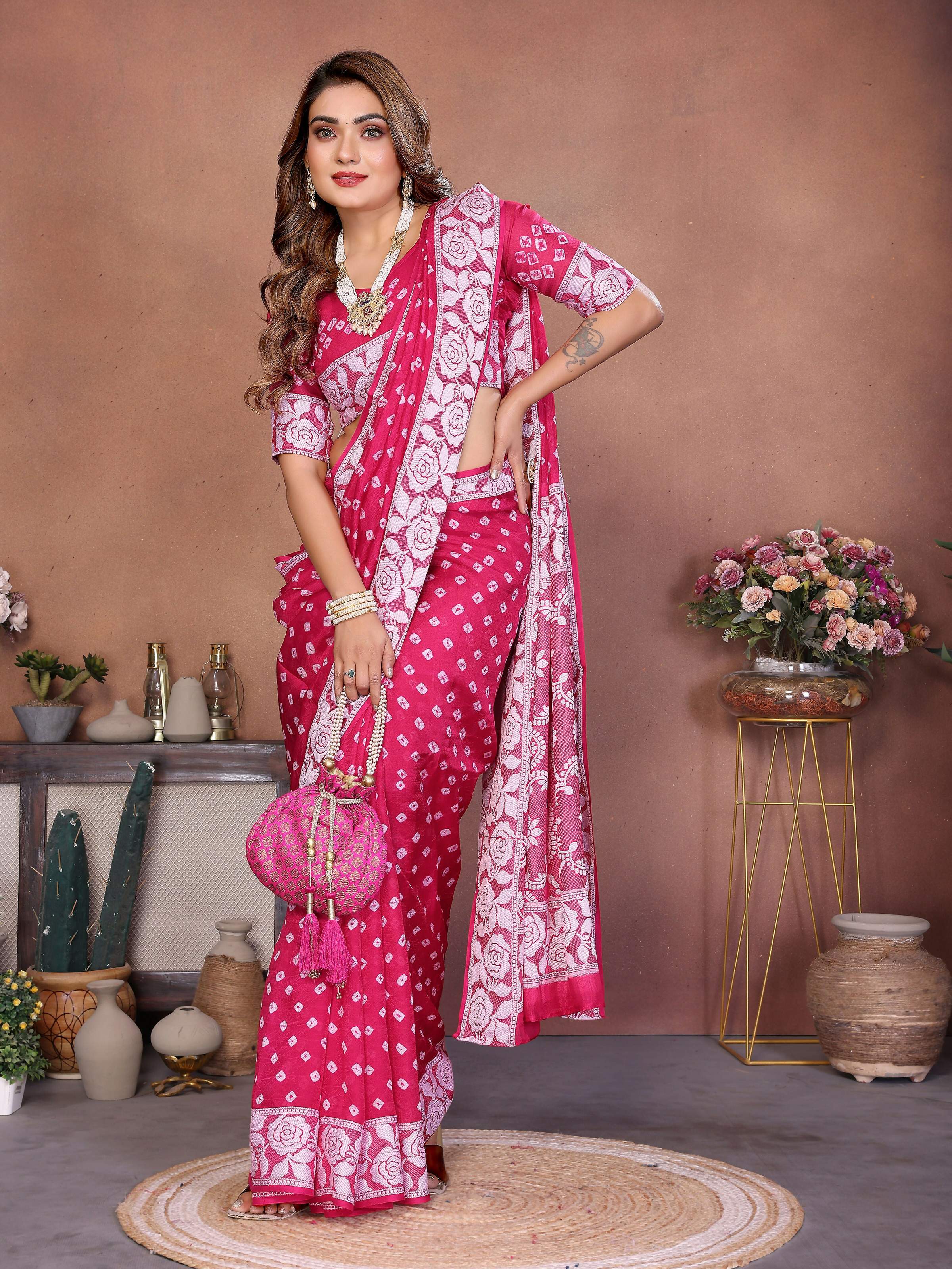 Aastha Fashion Pink Viscose Silk Handmade Original Bandhej Saree
