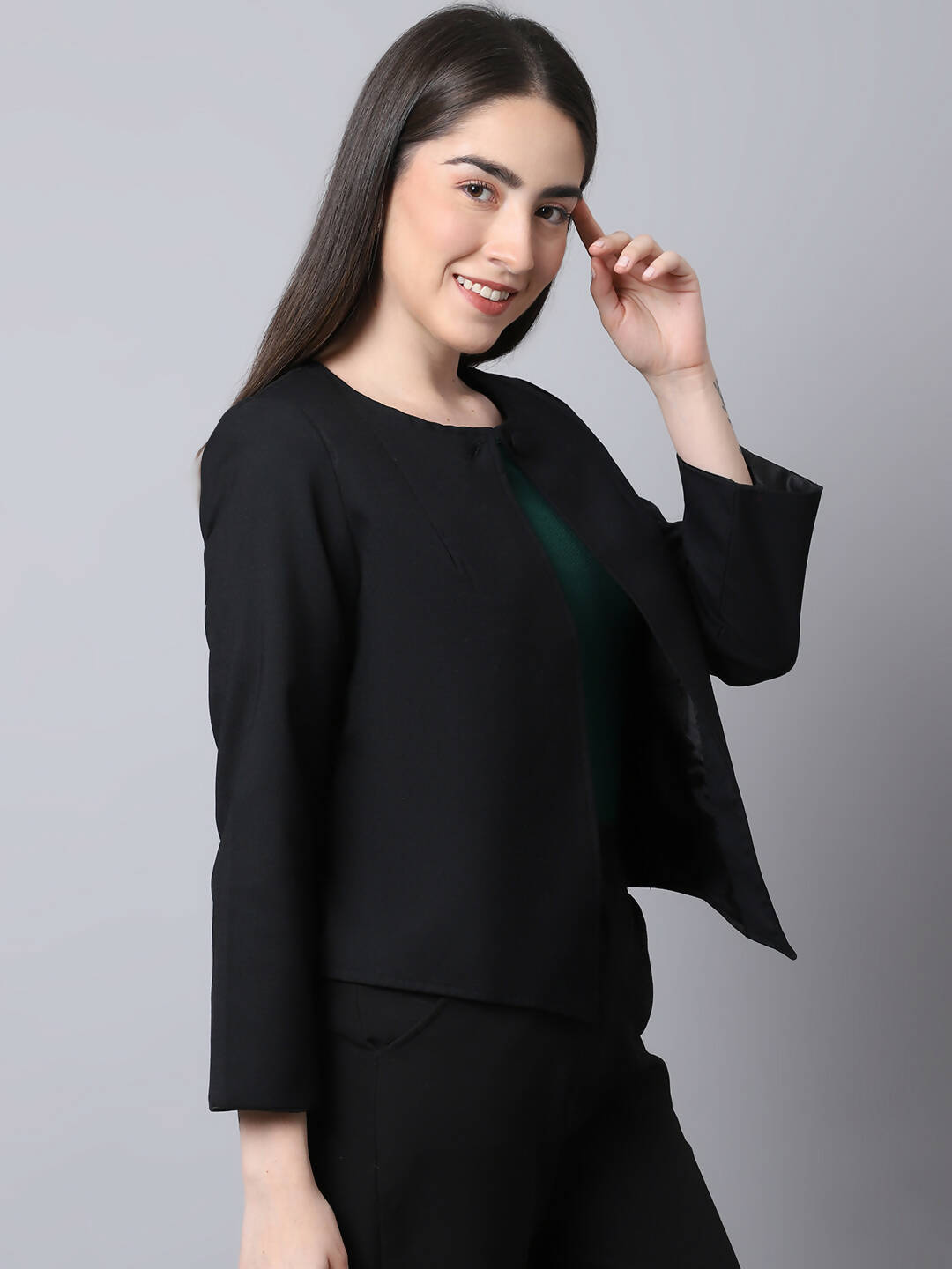 Even Apparels Black Polywool Open Front Statement Women's Jacket