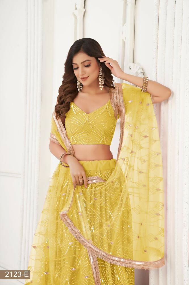 Aastha Fashion Yellow Butterfly Net Tone To Tone Thread Work, Sequence Work And Original Mirror Work Embroidery Wedding Wear Lehenga Choli