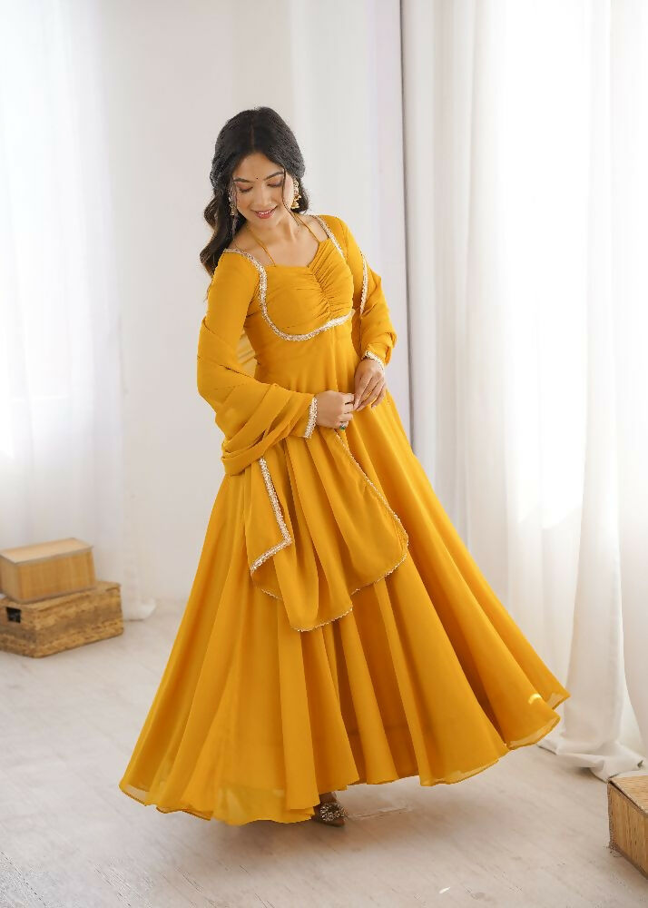 Teeya Creation Yellow Faux Georgette Designer Party Wear Long Gown