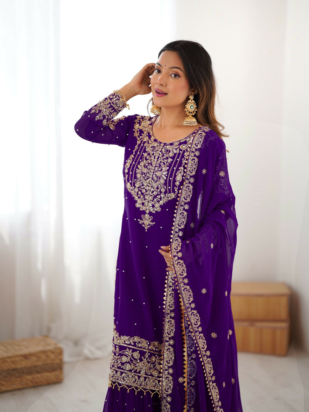 Lehenga Mart Designer Sharara Suit With Kurta, Sharara, Dupatta For Women-Purple