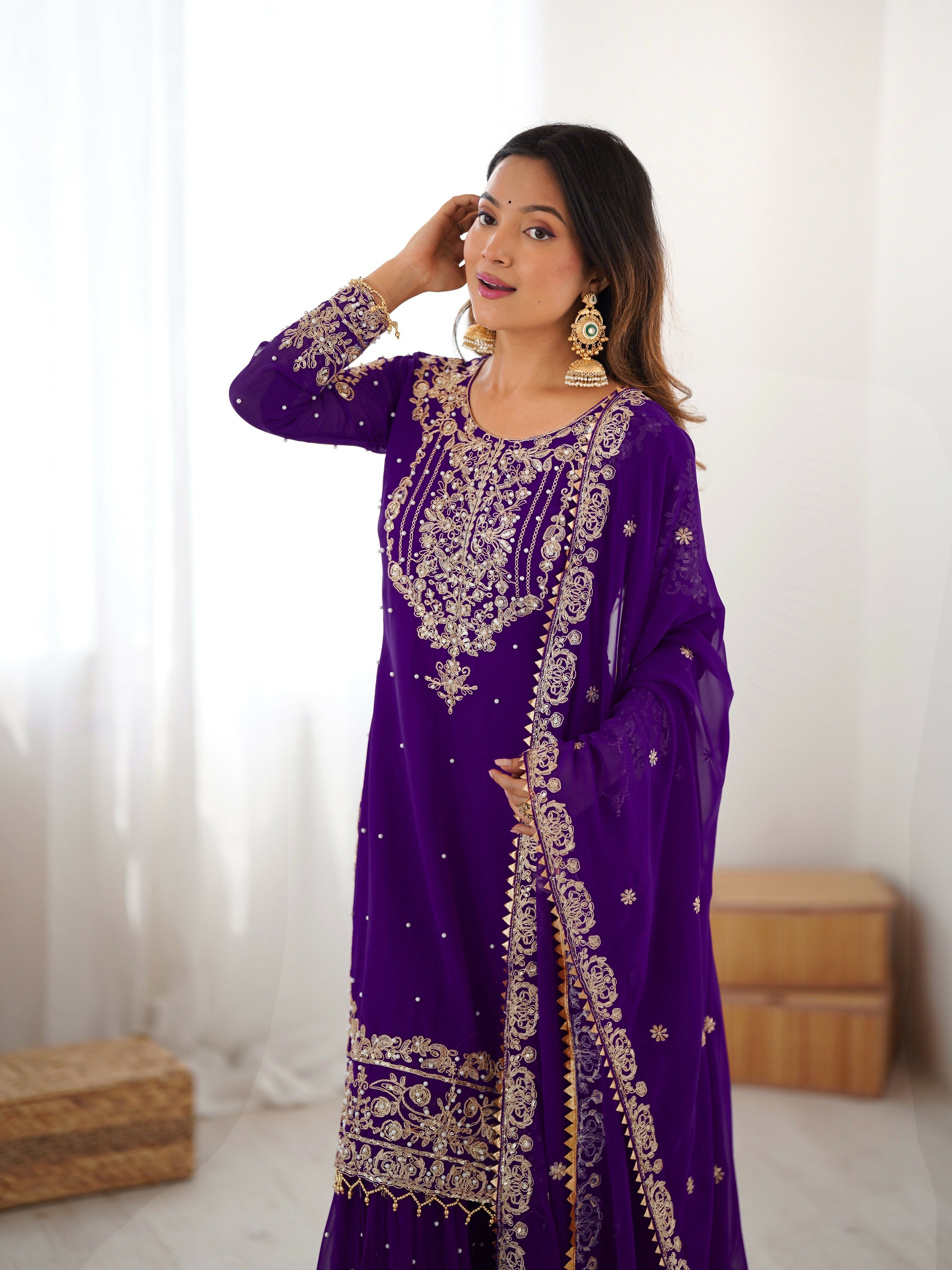 Lehenga Mart Designer Sharara Suit With Kurta, Sharara, Dupatta For Women-Purple