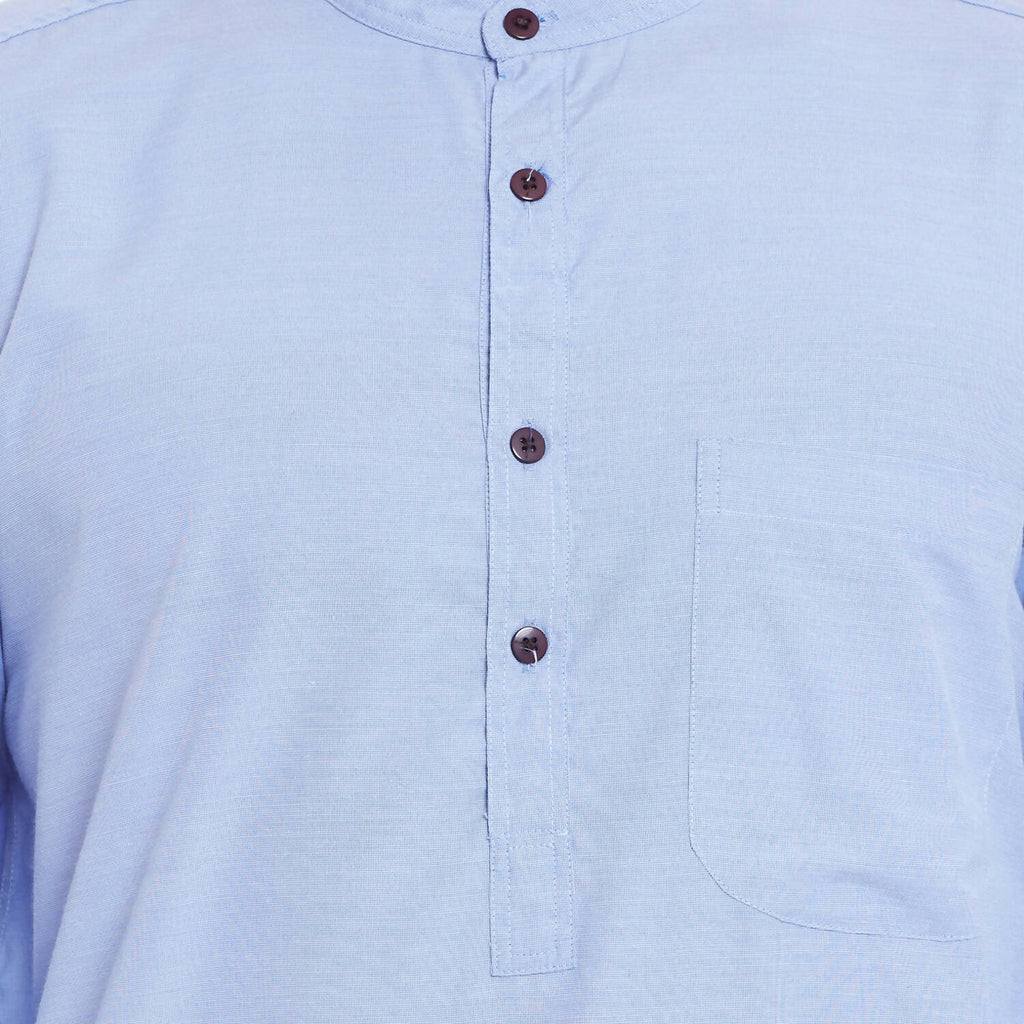 Even Apparels Blue Color Pure Cotton Men's Kurta With Band Collar