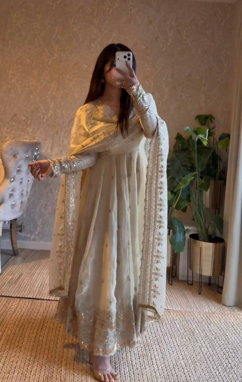 Teeya Creation White Fendy Silk Designer Heavy Work Wedding Wear Long Gown