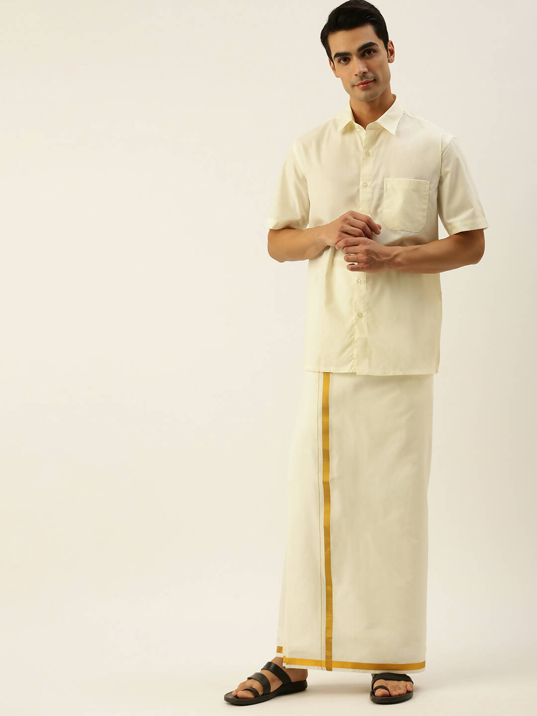 Ramraj Cotton Mens Poly Cotton 3/4 " Gold Jari Dhoti - Cream