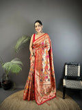 Joban Fashion Peach Intricate Floral & Foliate Motifs Soft Silk Paithani Saree