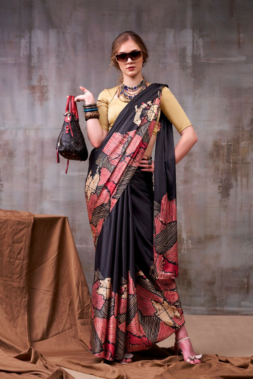 Vastranavya Black Satin Silk Printed Saree with a Natural Silk Unstitched Blouse