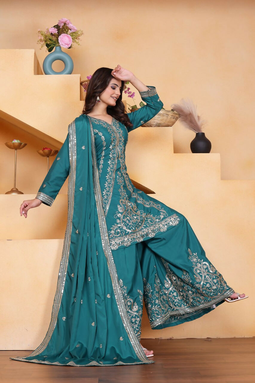 Teeya Creation Teal Color Natural Crepe Silk Wedding Wear Trending Palazzo Set