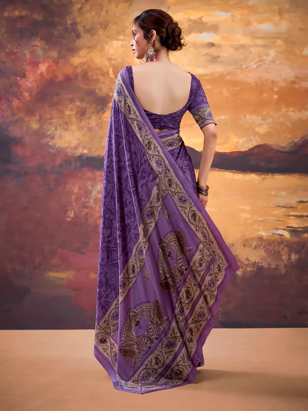 Vastranavya Purple Crepe Printed Saree with Unstitched Blouse