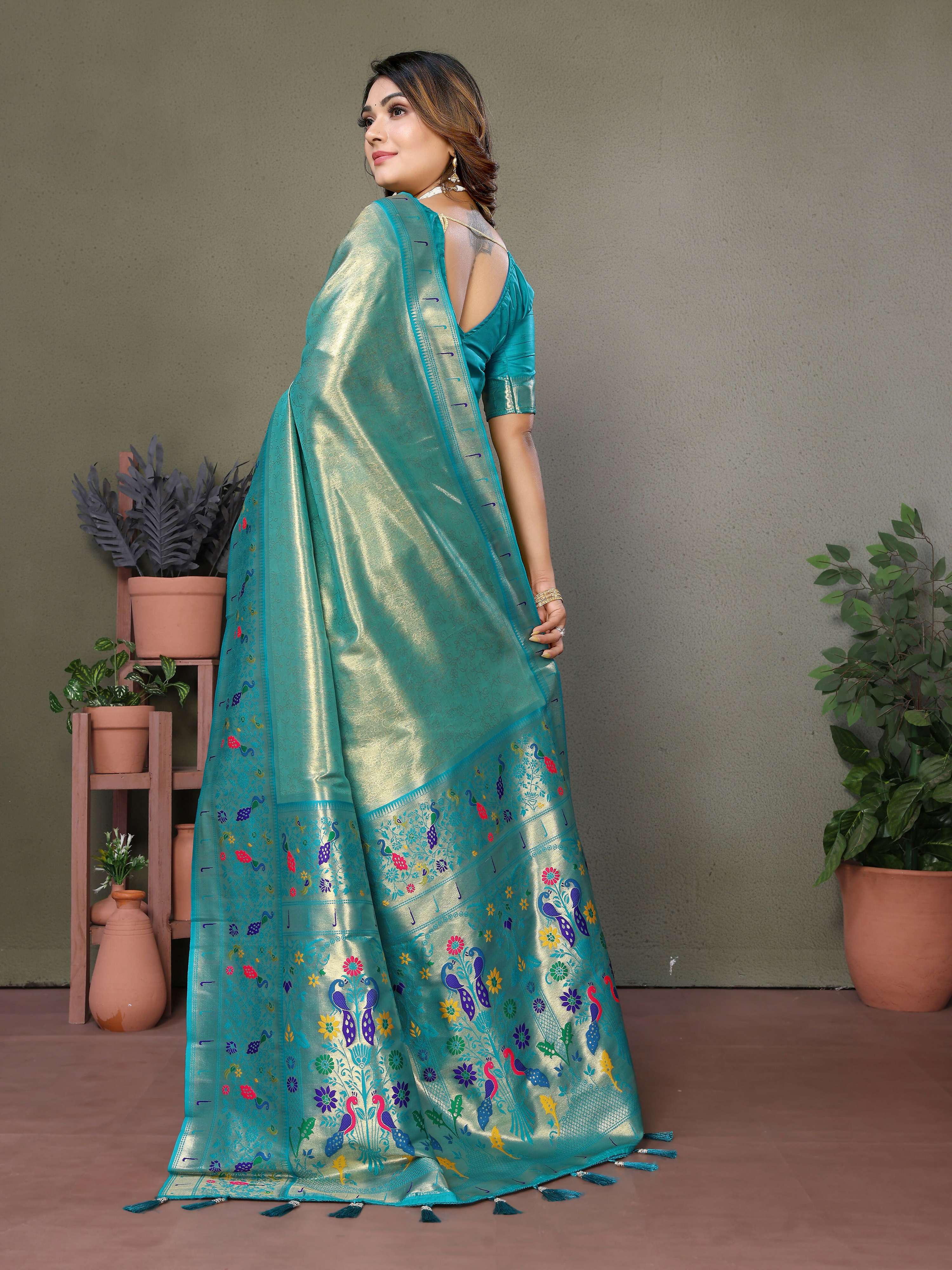 Aastha Fashion Sea Green Tissue Silk Paithani Woven Saree