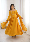 Teeya Creation Yellow Faux Georgette Designer Party Wear Long Gown