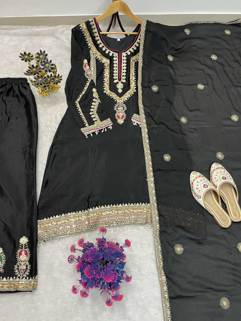 Teeya Creation Black Color Chinon Silk Party Wear Trending Palazzo Set