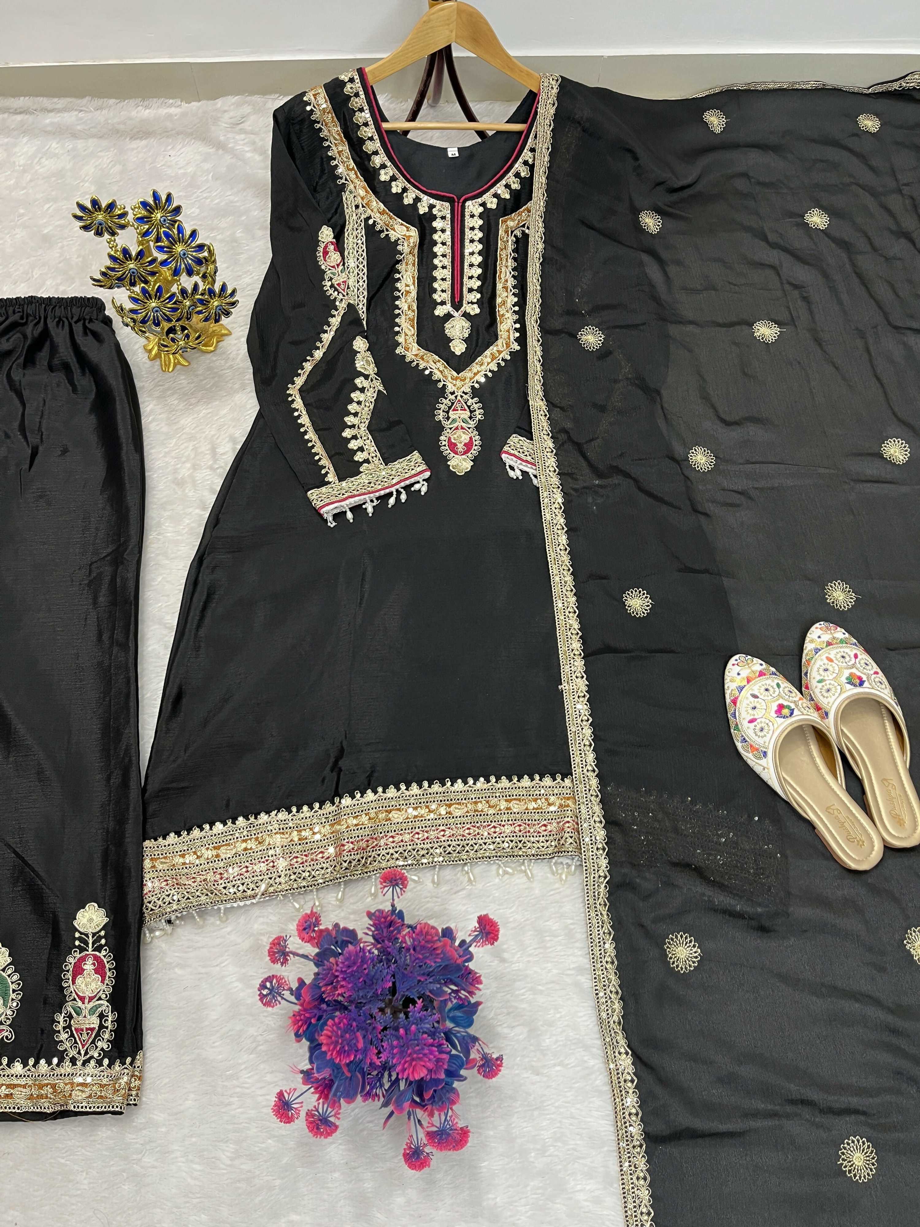 Teeya Creation Black Color Chinon Silk Party Wear Trending Palazzo Set