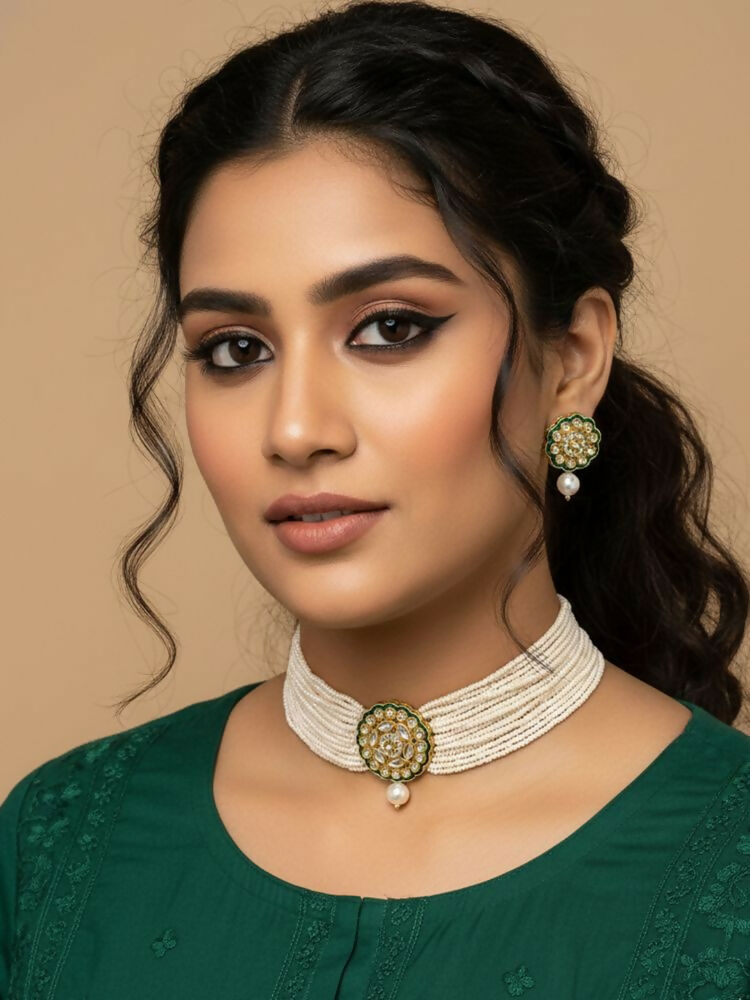 NVR Women Gold Plated White Kundan Jewellery Set