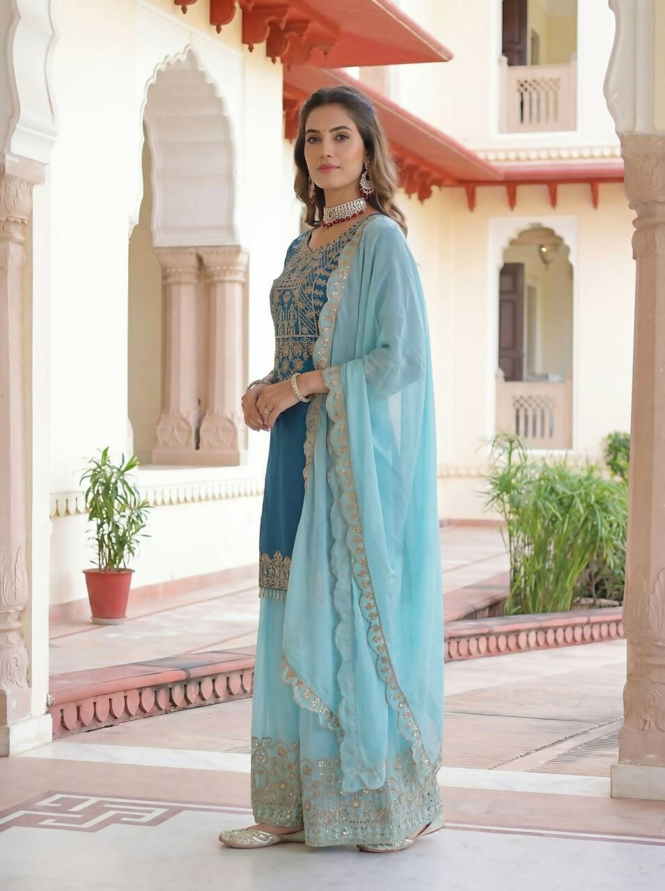 Teeya Creation Sky Chinon Silk Designer Wedding Wear Embroidery Work Palazzo