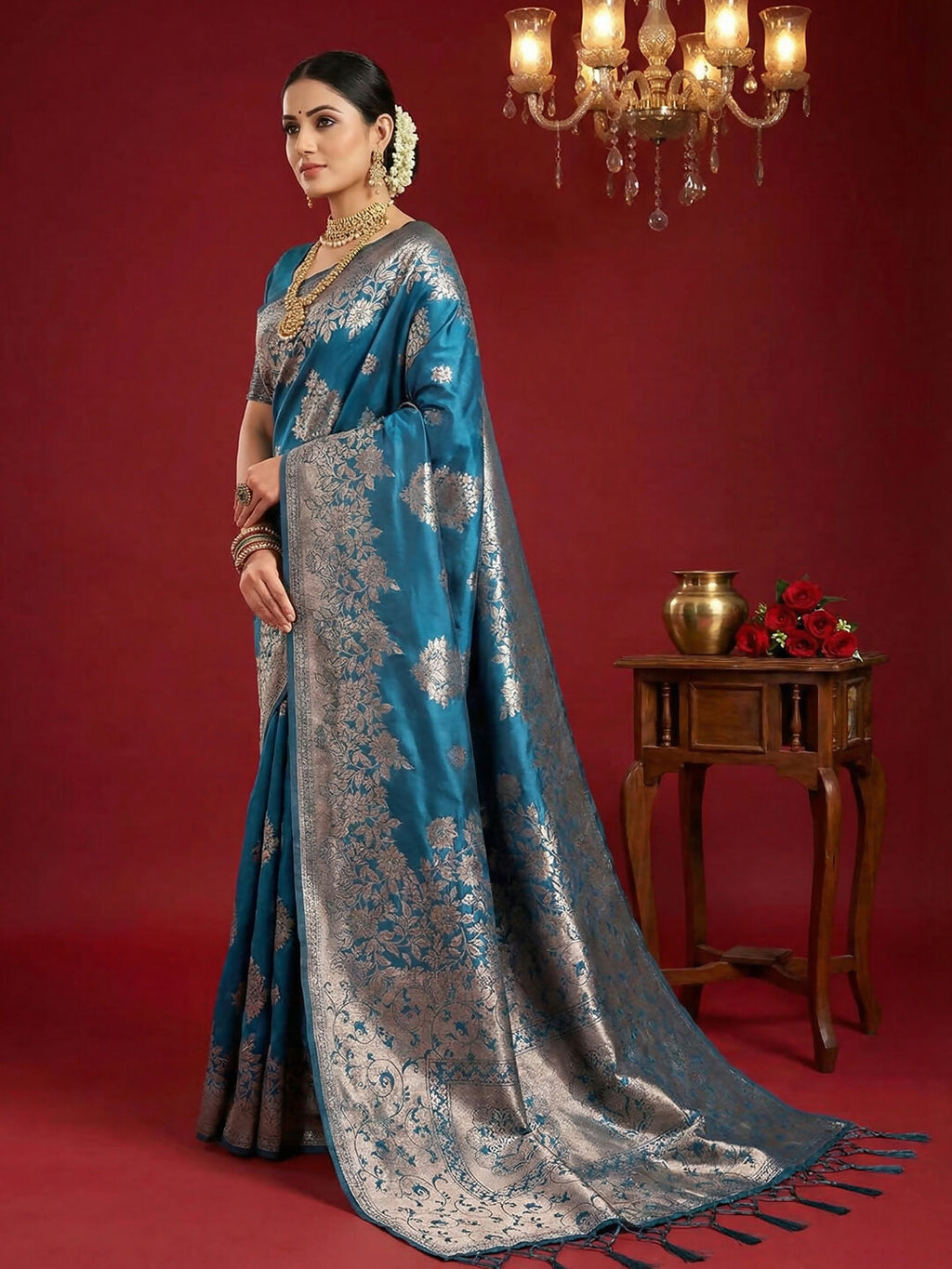 Shree Shyam Fashion Teal Blue Silk Blend Saree