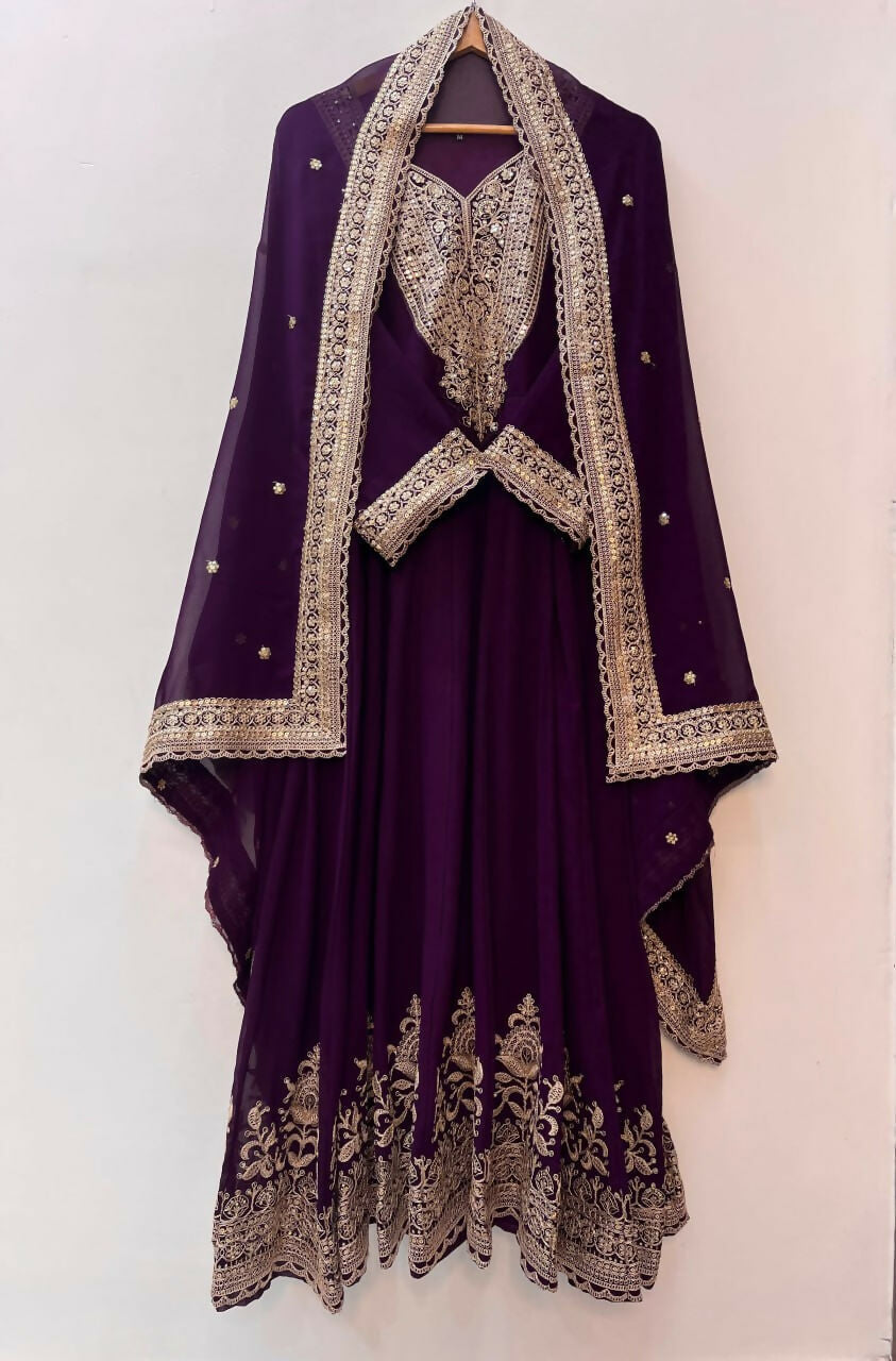 Teeya Creation Wine Color Faux Georgette Embroidery Work Long Party Wear Gown