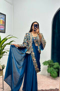 Teeya Creation Teal Color Chinon Silk Embroidery Work Ready To Wear Party Wear Saree With Koti