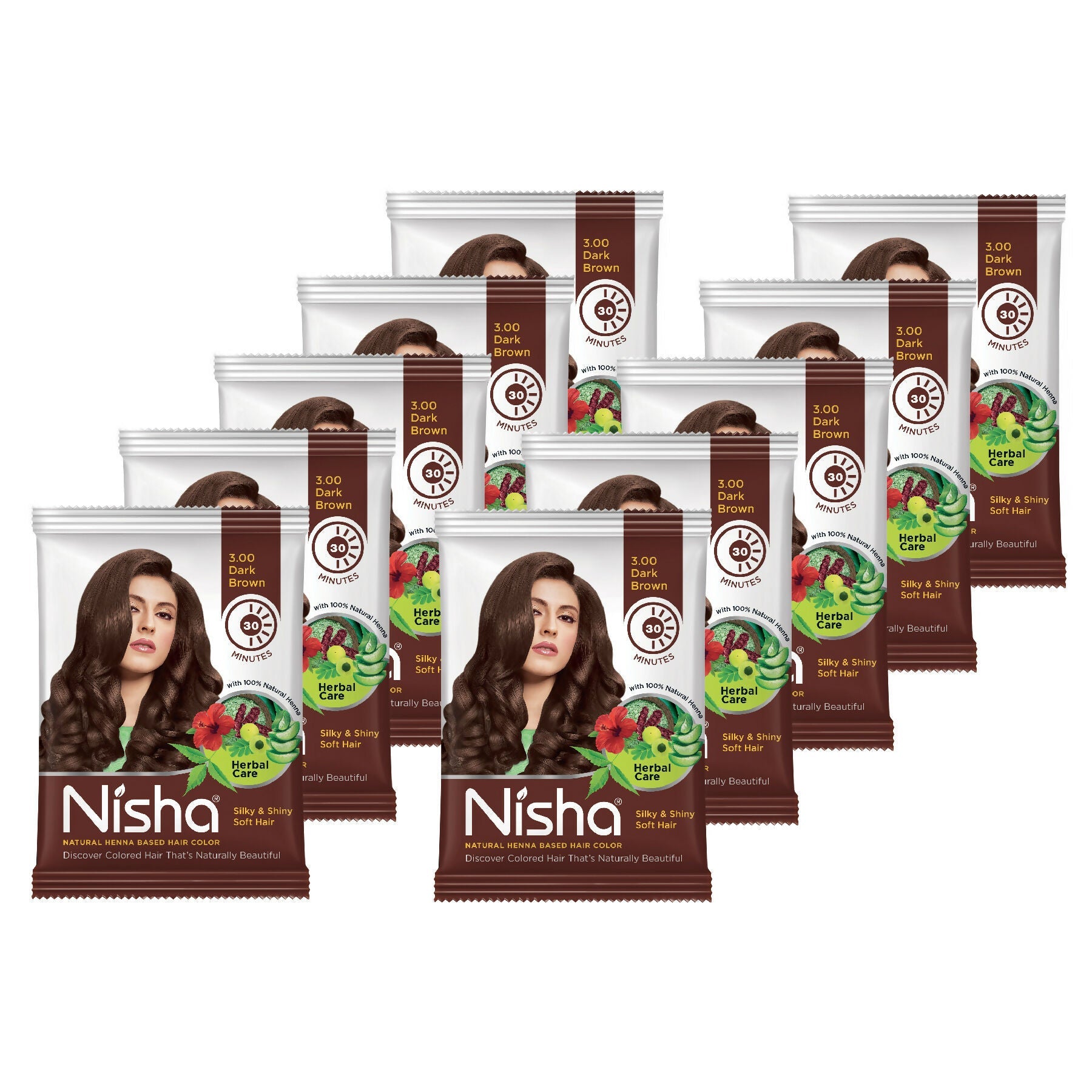 Nisha Henna Based Hair Colour for Women & Men Dark Brown (Pack of 10)