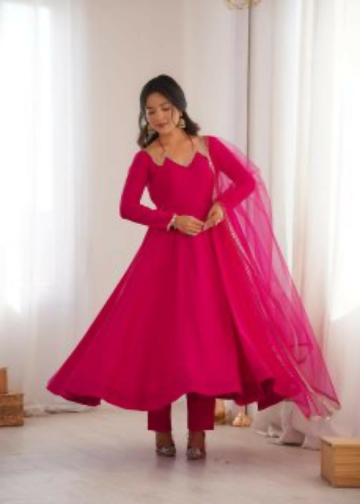 Lehenga Mart Designer Anarkali Suit With Kurta, Pant, Dupatta For Women-Dark Pink
