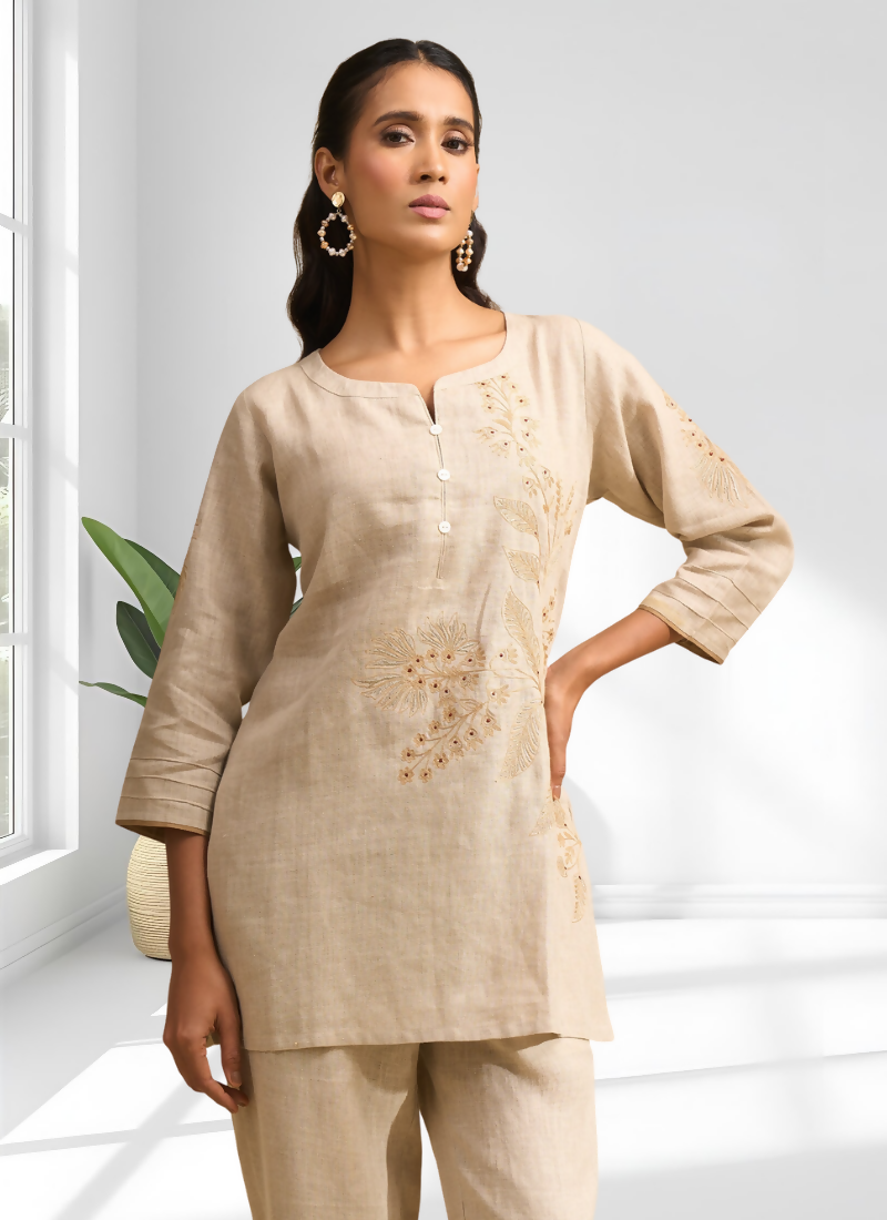 Joban Fashion Beige Linen Embroidered Readymade Cord Set