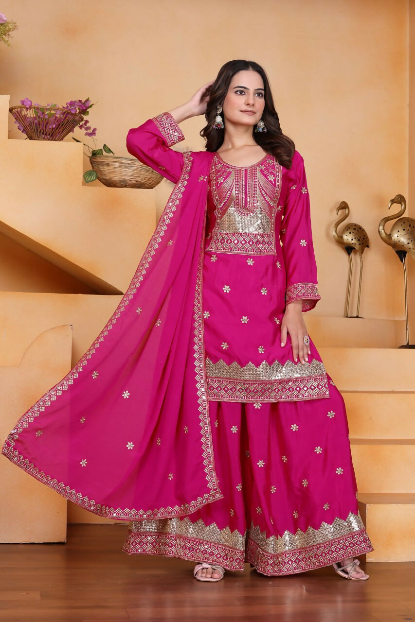 Teeya Creation Pink Color Chinon Silk Wedding Wear Trending Palazzo Set