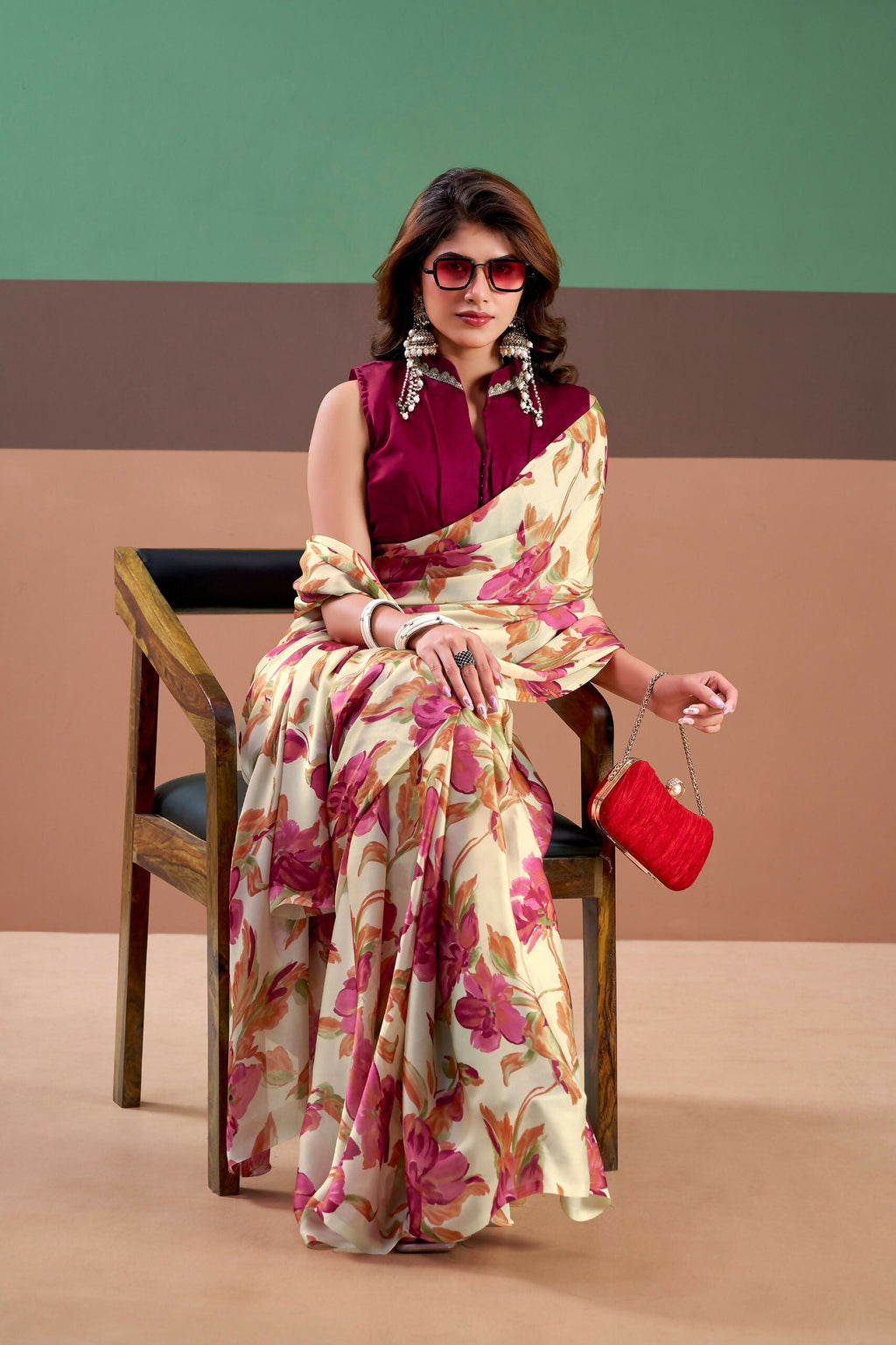 Vastranavya Pink Satin Silk Floral Printed Saree with Stitched Blouse