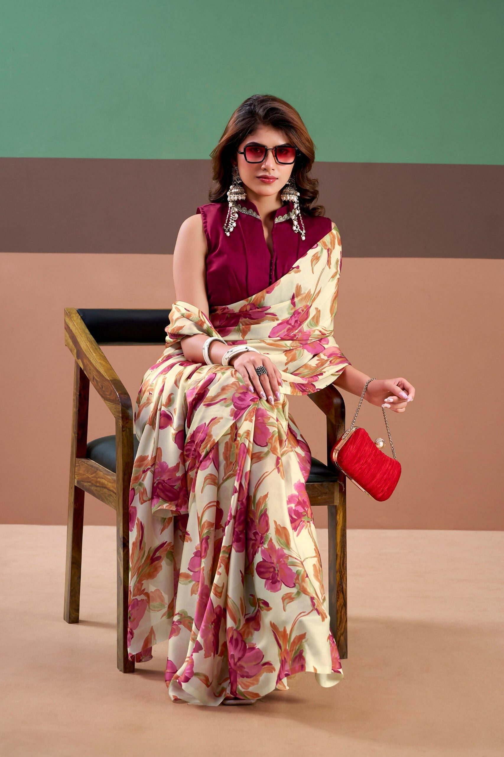 Vastranavya Pink Satin Silk Floral Printed Saree with Stitched Blouse