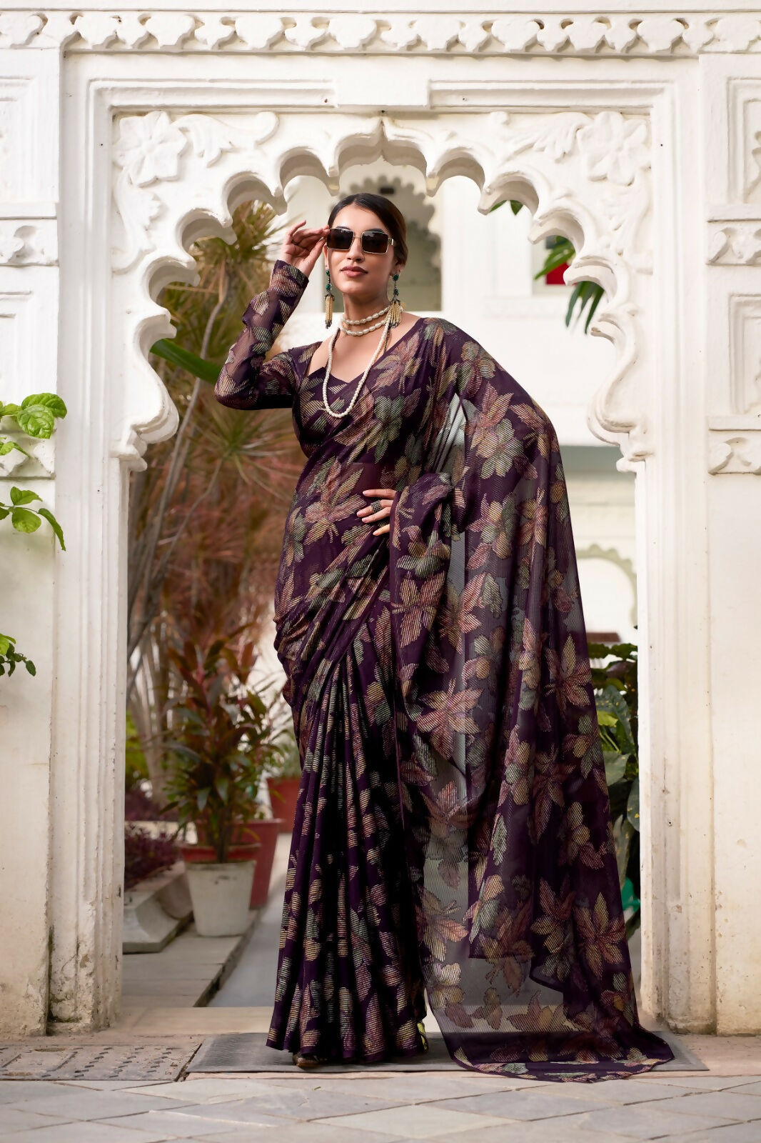 Vastranavya Wine Lurex Brasso Floral Printed Saree with Unstitched Blouse