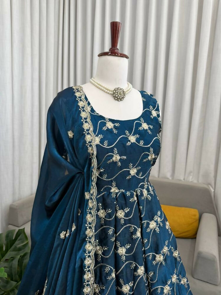 Teeya Creation Blue Color Fendy Silk Heavy Embroidery Work Wedding Wear Long Gown
