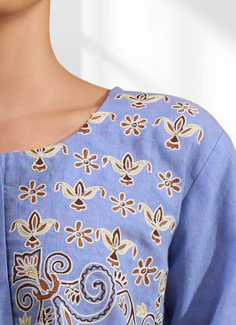 Joban Fashion Sky Blue Cotton, Linen Embroidered Readymade Tunic