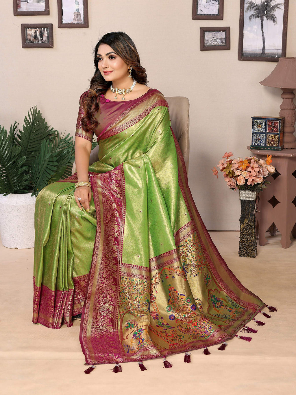 Aastha Fashion Pista Tissue Silk Weaving Saree