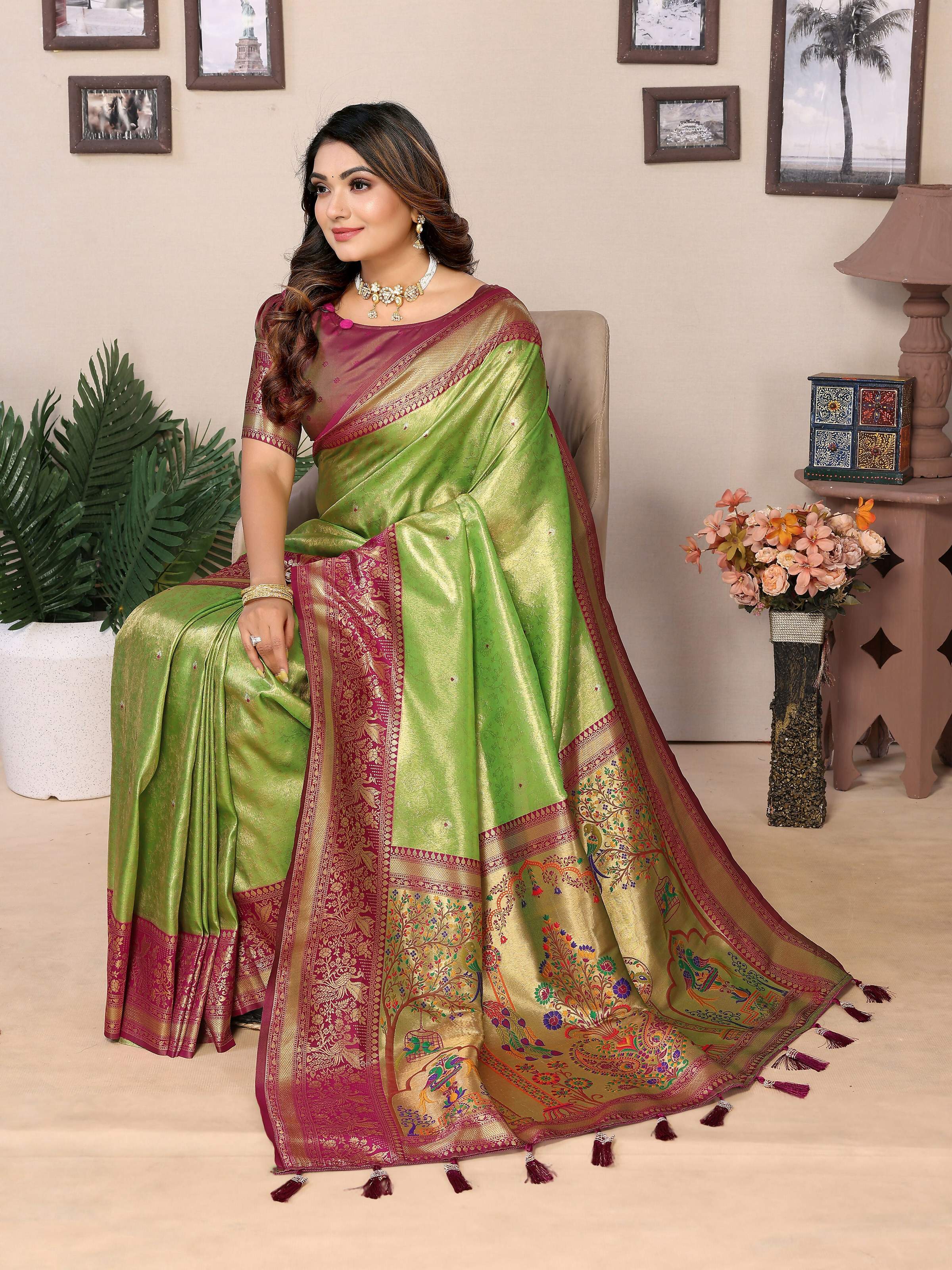 Aastha Fashion Pista Tissue Silk Weaving Saree