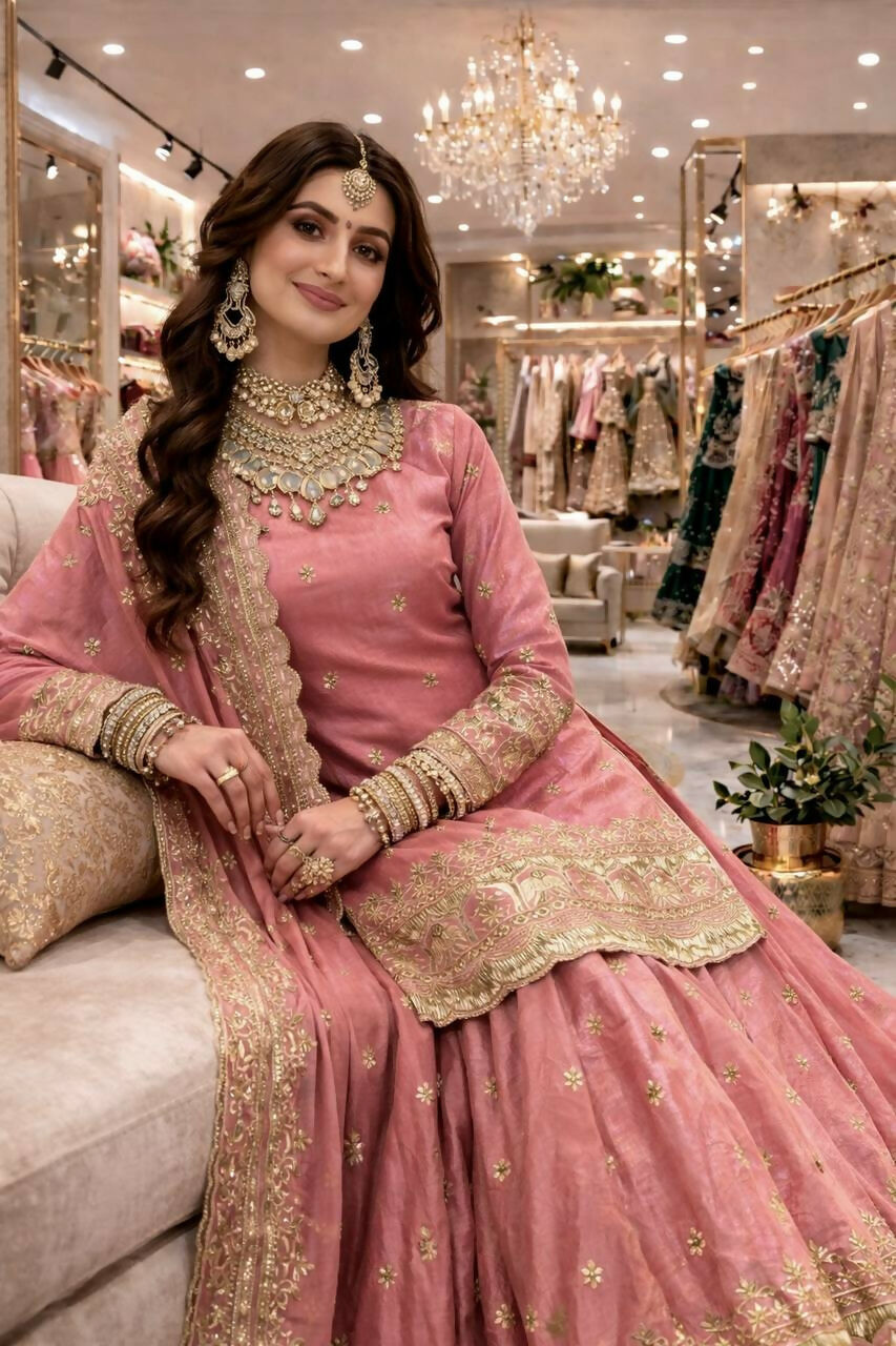 Teeya Creation Pink Color Fendy Satin Heavy Embroidery Work Wedding Wear Stitched Lehenga Choli