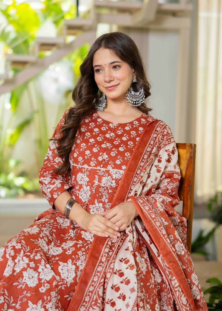 Jaimini Women Cotton Printed Round Neck 3/4 Sleeves Calf Length Flared Kurta Pant And Dupatta Set