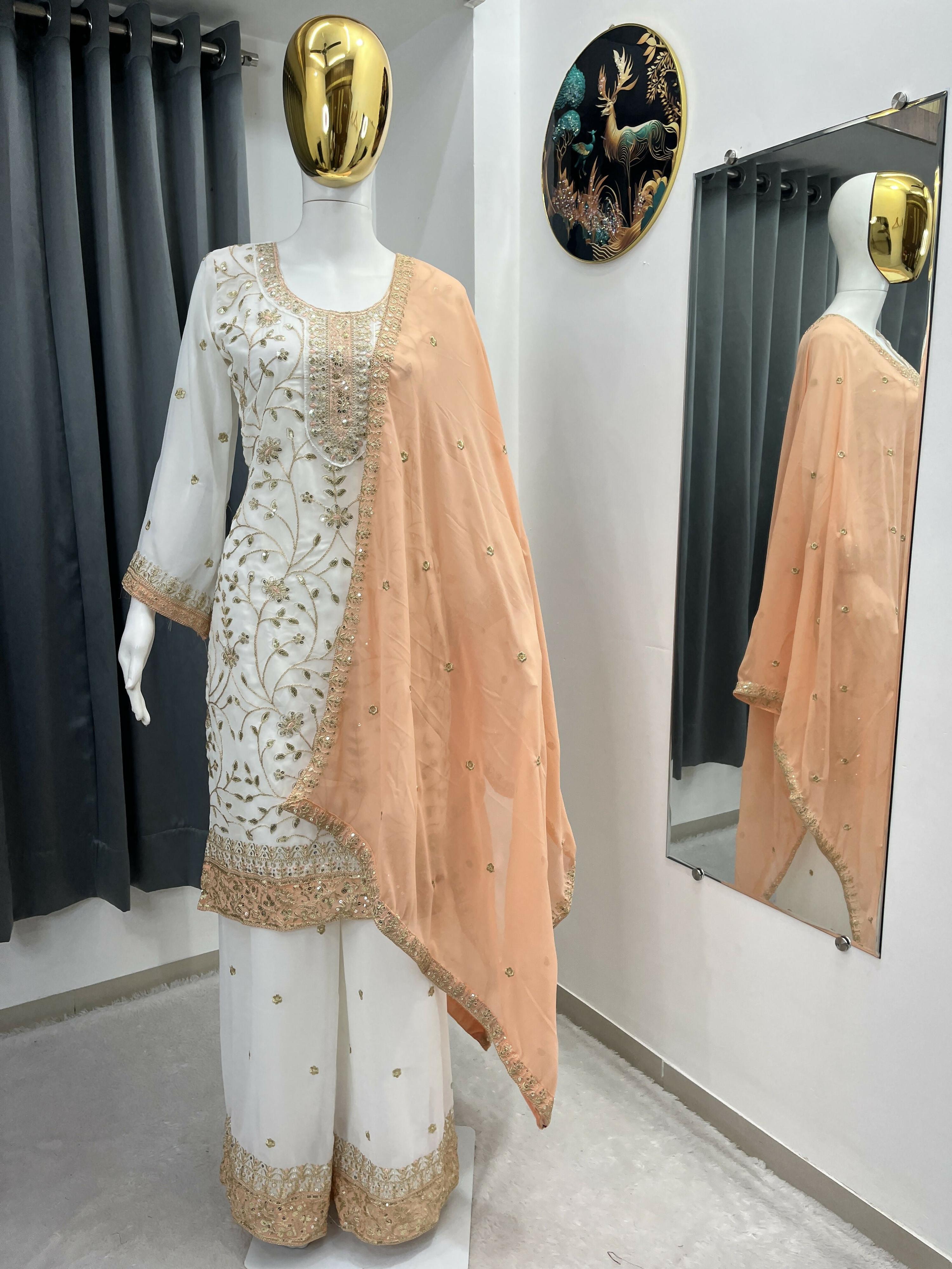 Teeya Creation White Color Faux Georgette Embroidery Work Long Party Wear Palazzo Suit