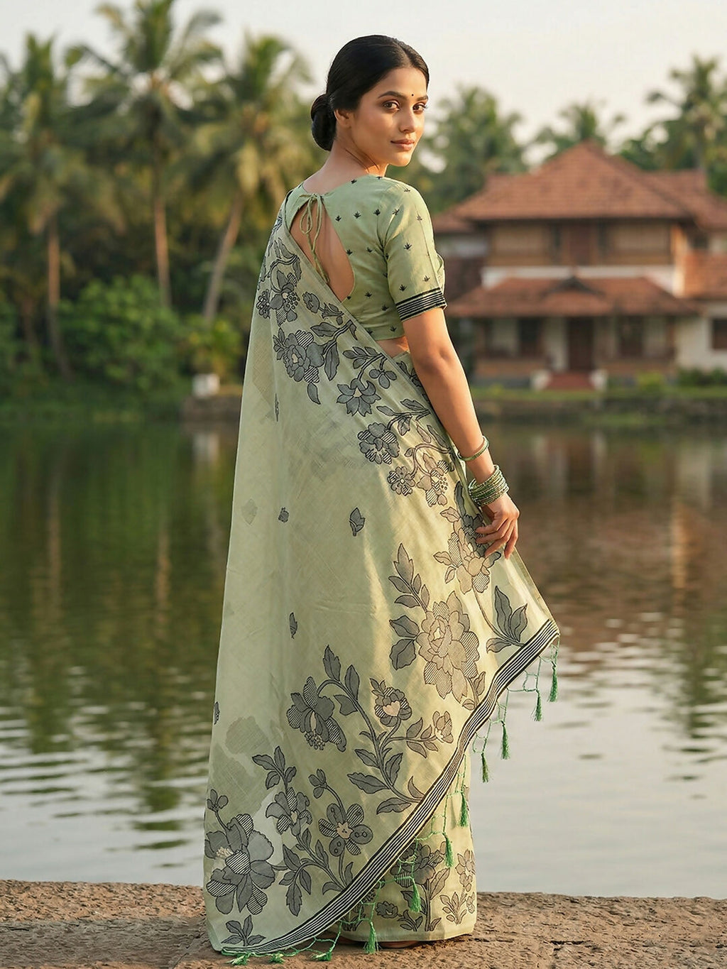 Shree Shyam Fashion Light Green Linen Cotton Saree