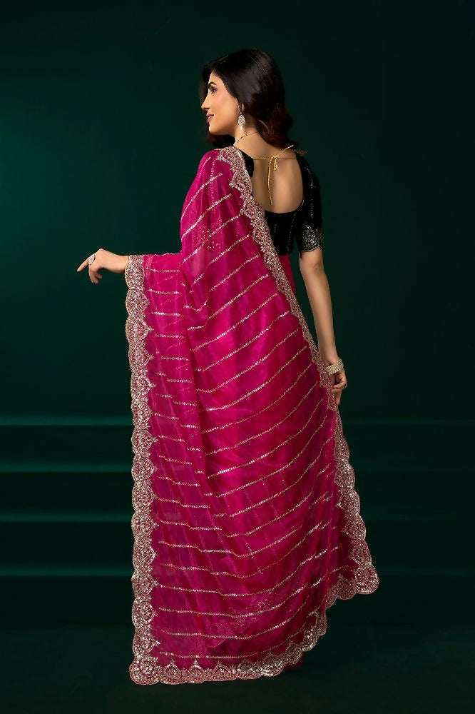 Joban Fashion Rani Pink Net Party Wear Sarees