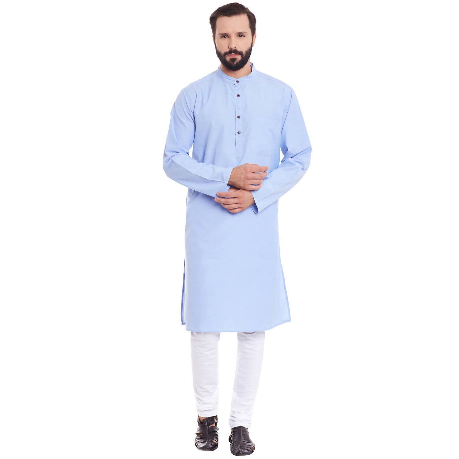 Even Apparels Blue Color Pure Cotton Men's Kurta With Band Collar