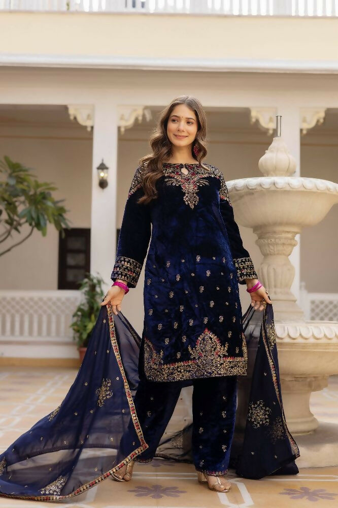 Teeya Creation Blue Color Pure Velvet Embroidery Work Wedding Wear Salwar Suit