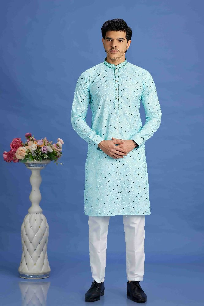Raivat Ethnic Cotton Embroidery Kurta Pajama In Sky Blue Colour