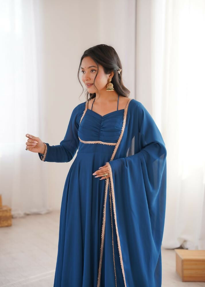 Lehenga Mart Designer Anarkali Suit With Kurta, Dupatta For Women-Teal Blue