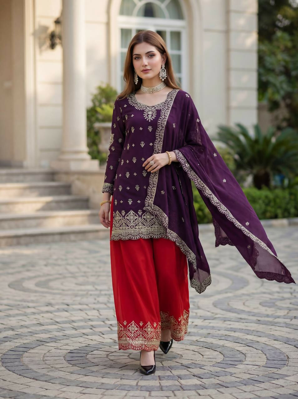 Joban Fashion Purple Silk Embroidered Sharara Set