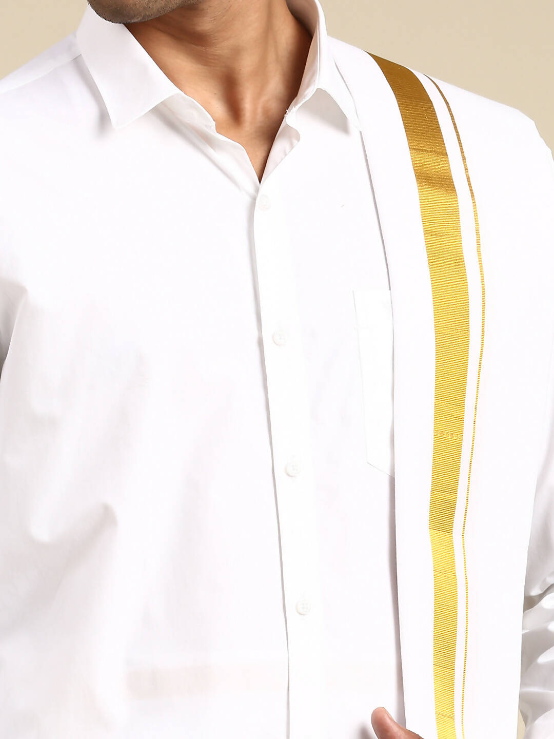 Ramraj Cotton Mens Premium Wedding Cotton White Dhoti with shirt Bit & Towel Set