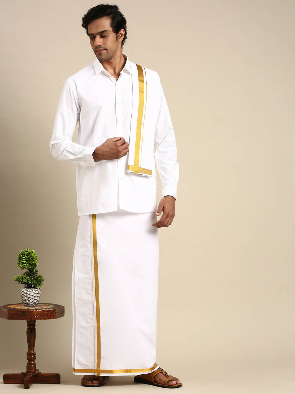 Ramraj Cotton Mens Premium Wedding Cotton White Dhoti with shirt Bit & Towel Set