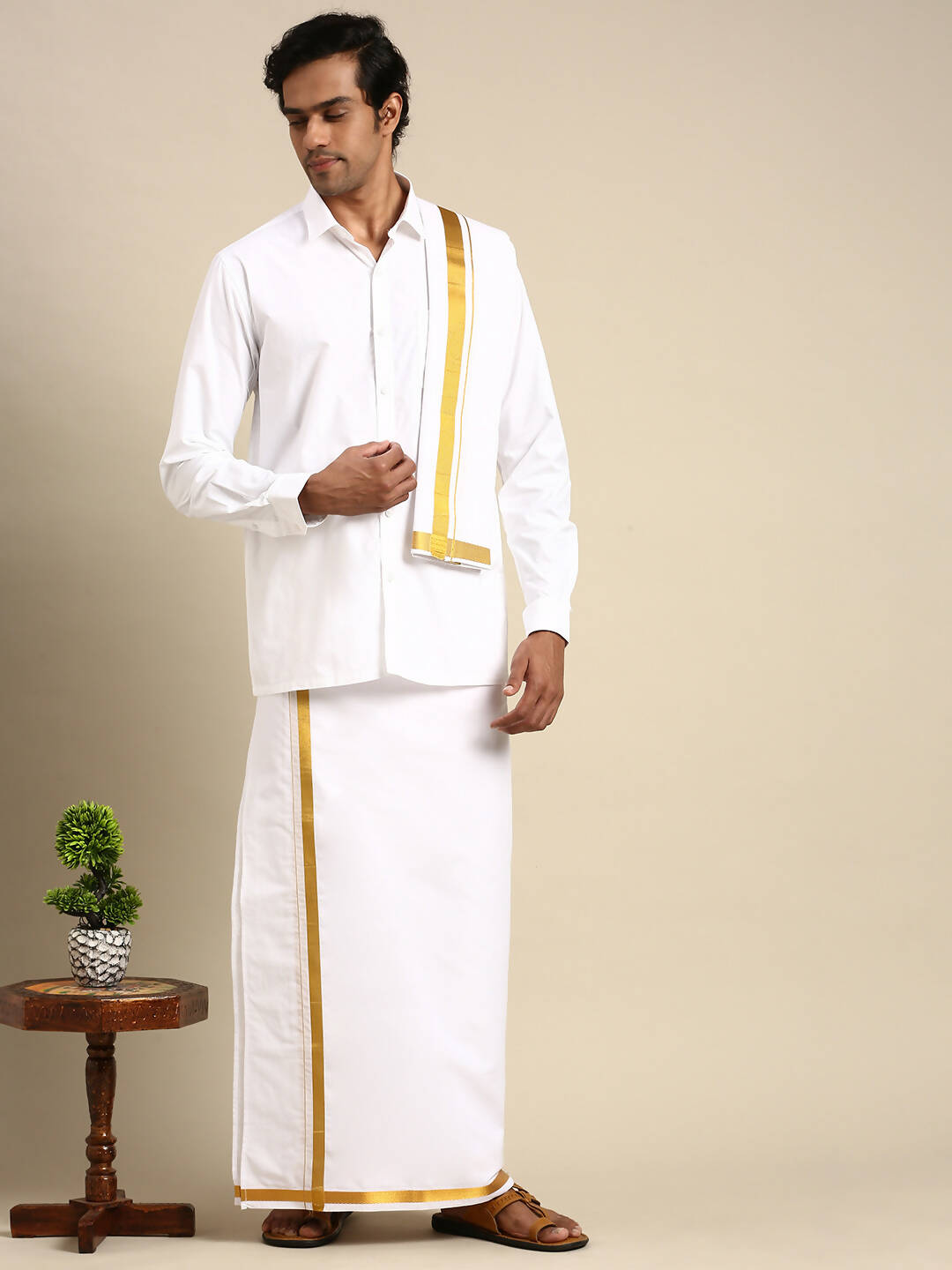 Ramraj Cotton Mens Premium Wedding Cotton White Dhoti with shirt Bit & Towel Set