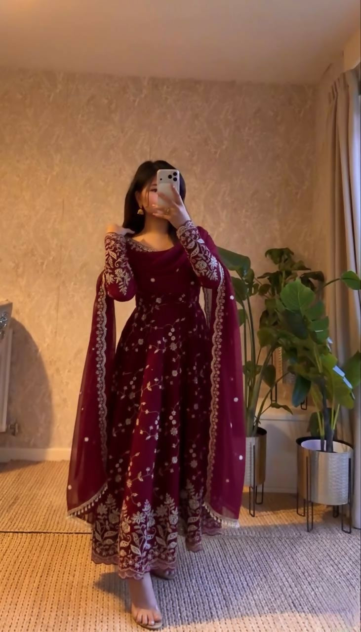 Teeya Creation Maroon Color Faux Georgette Long Party Wear Gown