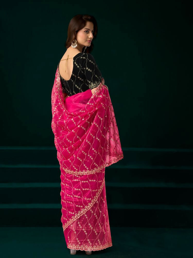 Joban Fashion Rani Pink Net Party Wear Sarees