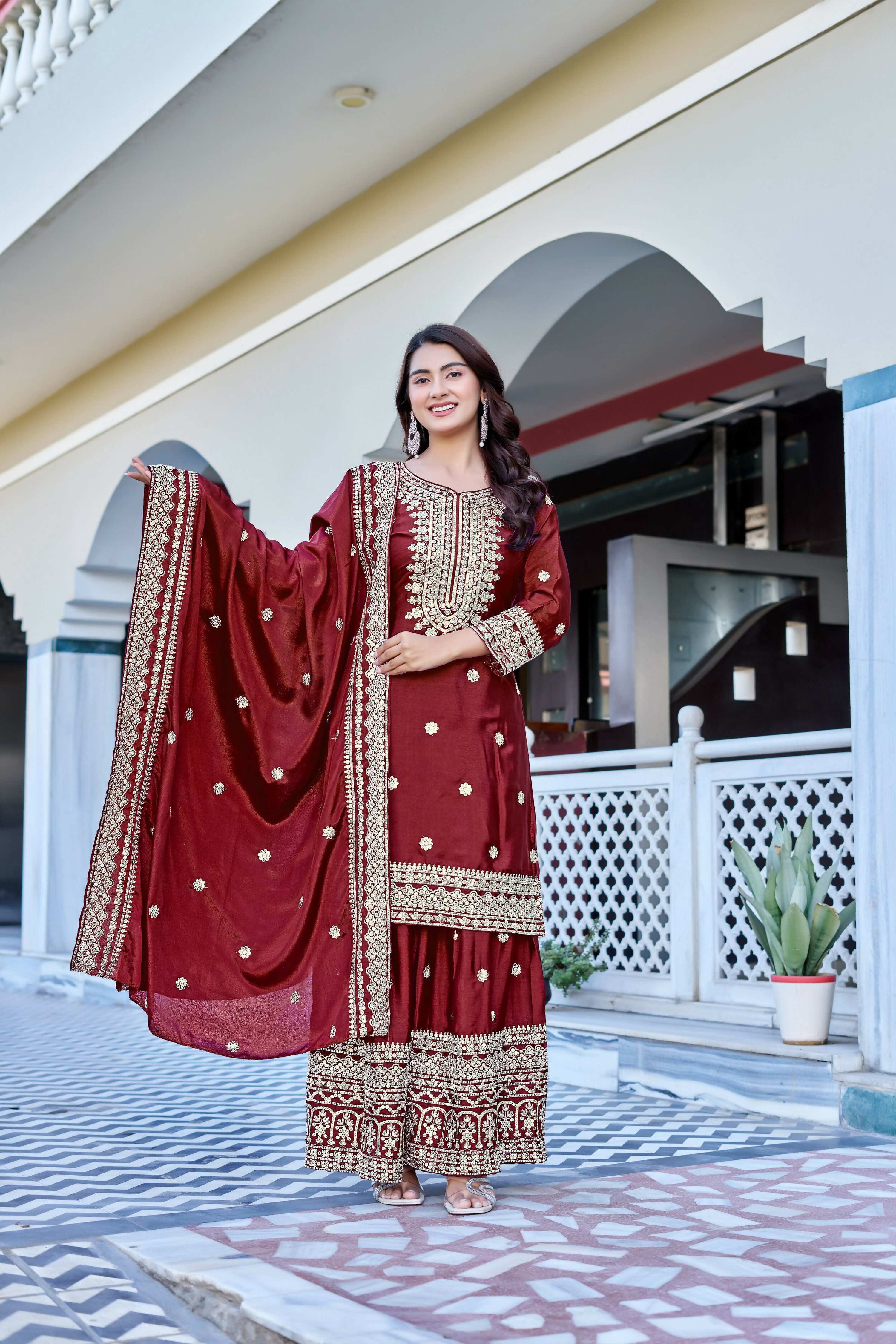Teeya Creation Maroon Color Chinon Silk Heavy Embroidery Work Wedding Wear Sharara